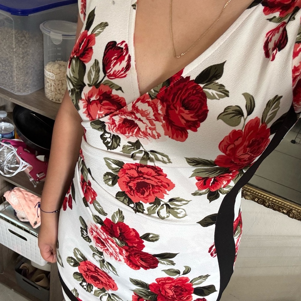 Floral V-Neck Dress - Red and Black